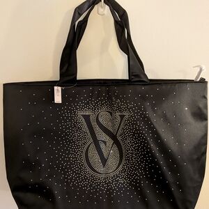 Victoria Secret BLACK SPARKLE VS Overnight XL TOTE BAG Bling Rhinestones